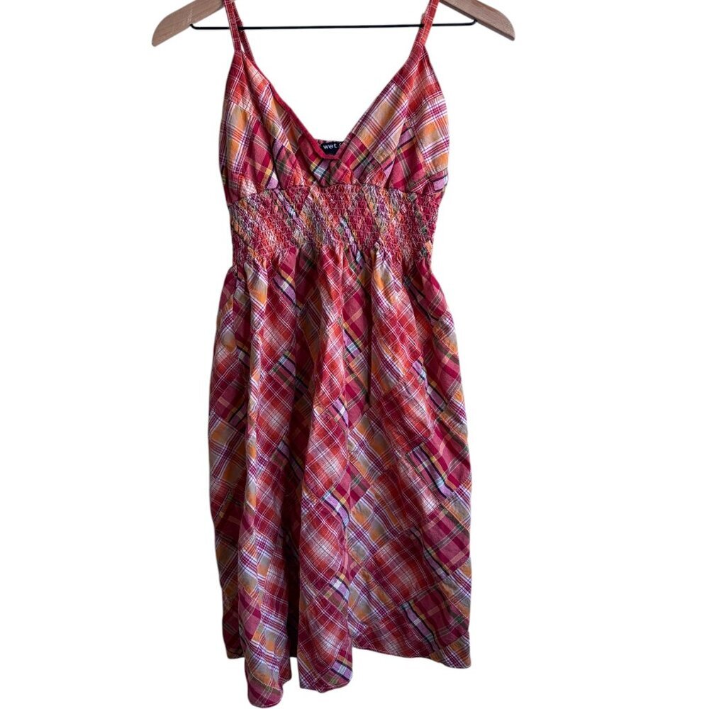 y2k Wet Seal Plaid Patchwork Sundress with Smocked Waist Small